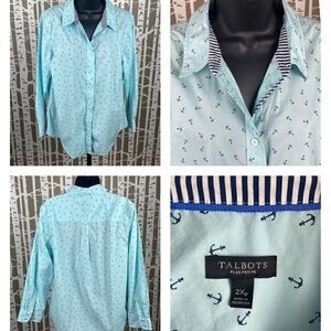 Nautical Anchor Novelty Print Long Sleeve Button Up Blouse Aqua Navy size 2XP